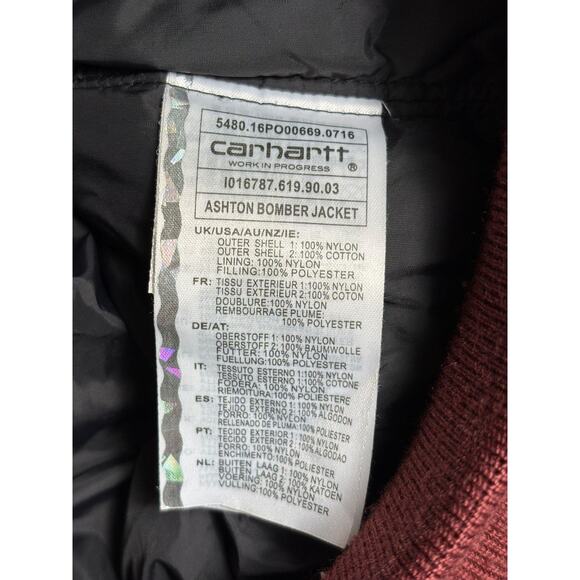 Carhartt WIP Jacket Mens Medium Burgundy Black Ashton Bomber Nylon Zip I016787 - Picture 6 of 12